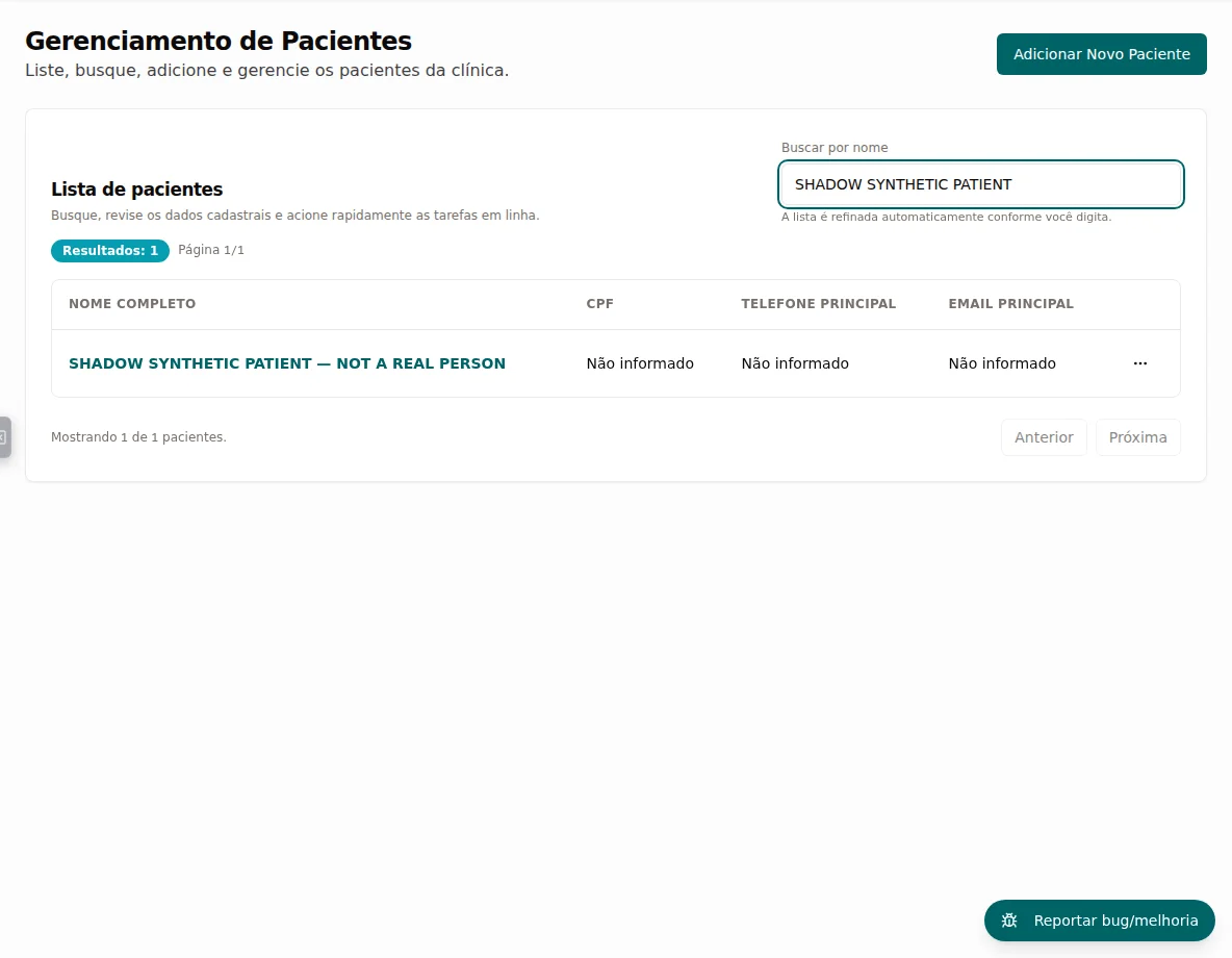 Filtered patient list showing one explicitly synthetic patient and unfilled identification and contact fields.