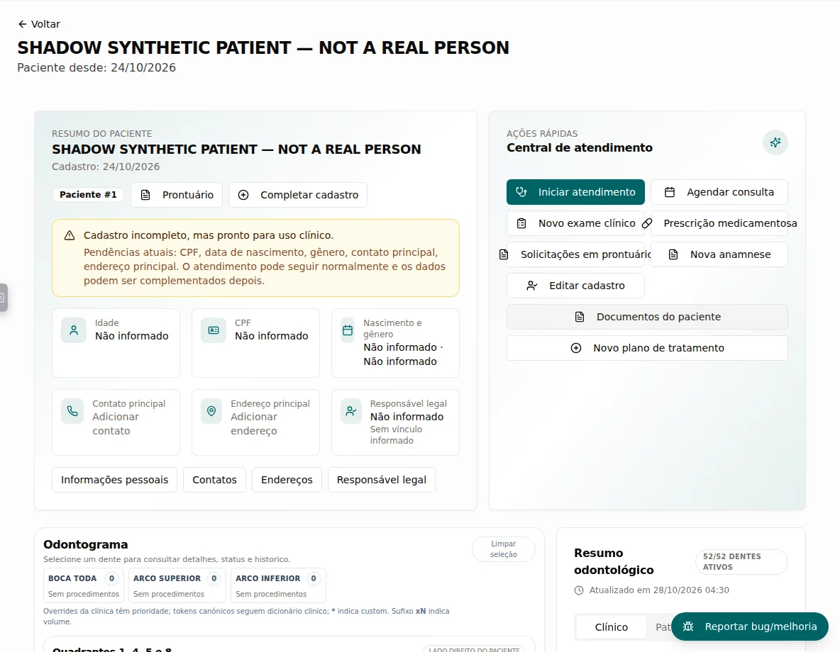 Synthetic patient summary with an incomplete-registration notice, empty demographic fields, and clinical action controls.